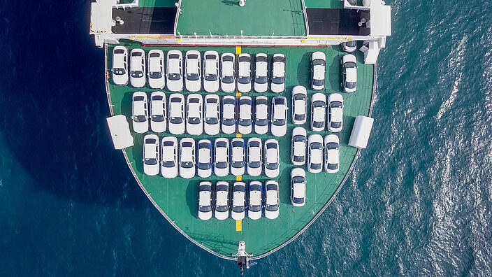 Aerial image of a Large RoRo Vehicle carrie vessel cruising the Mediterranean sea